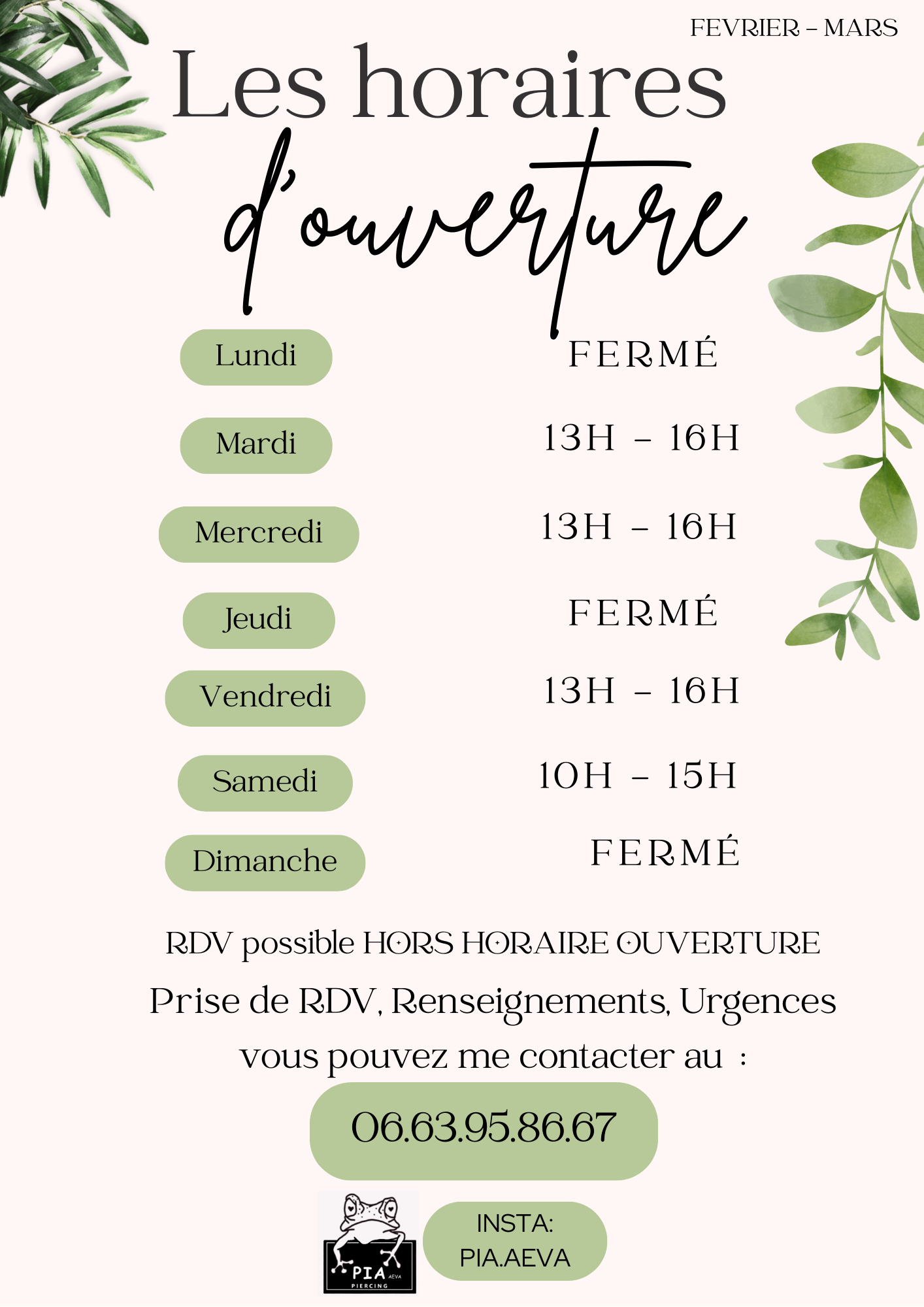 Horaires d'ouverture de l'Atelier Piercing