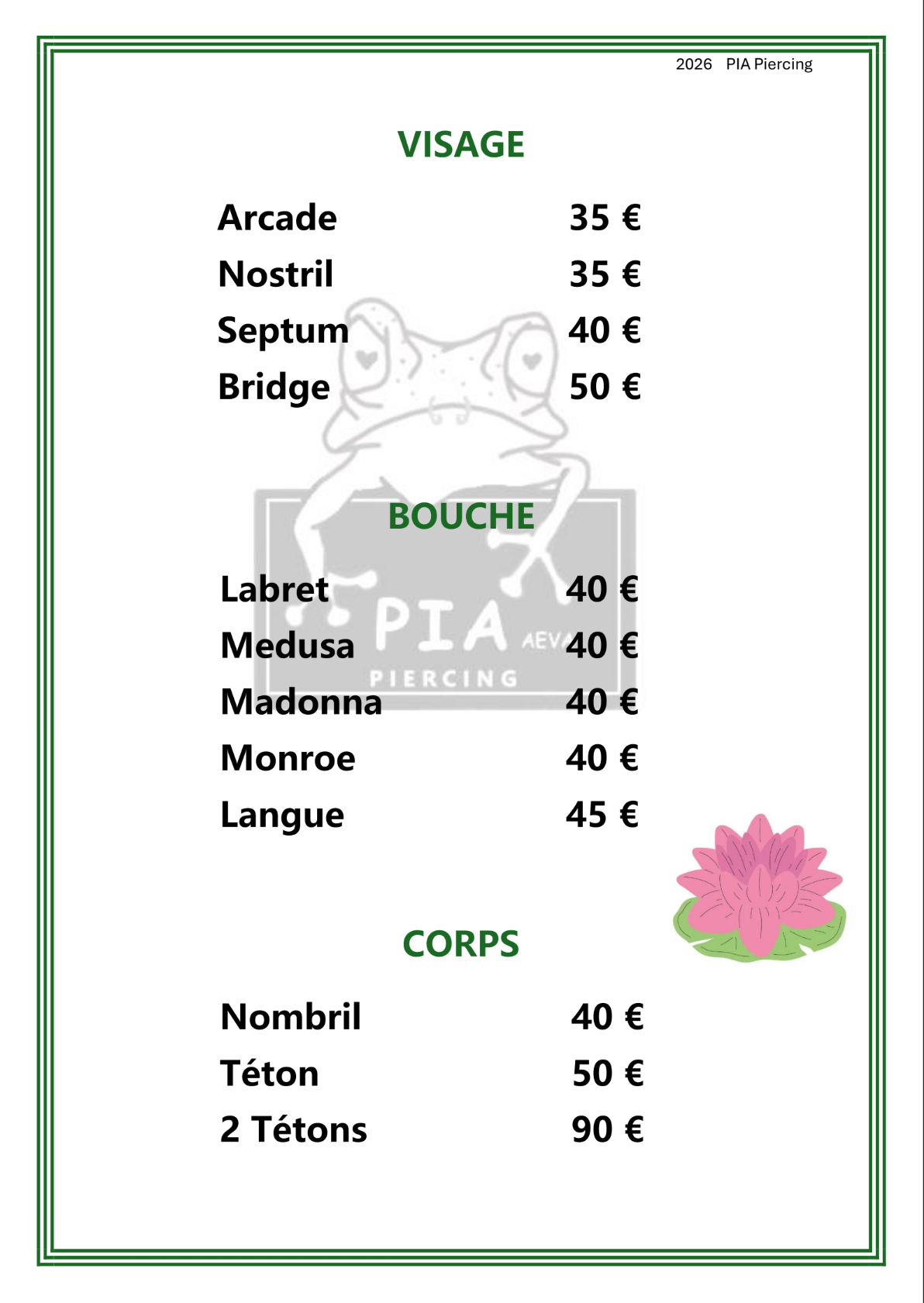 Tarifs Piercings Bouche, Corps et Suppléments
